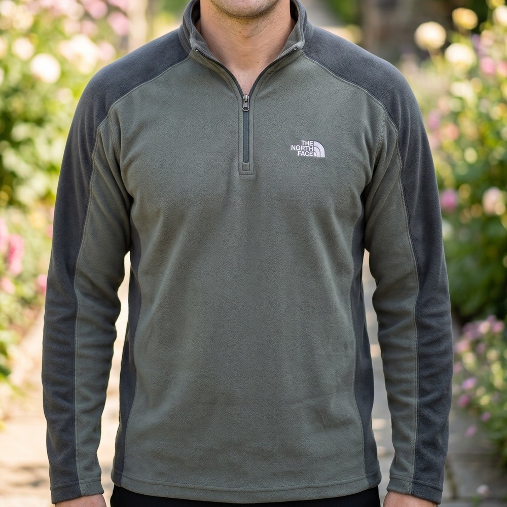 The North Face Mens 1/4 Zip Fleece Pullover Olive Green Grey Colorblock TKA 100